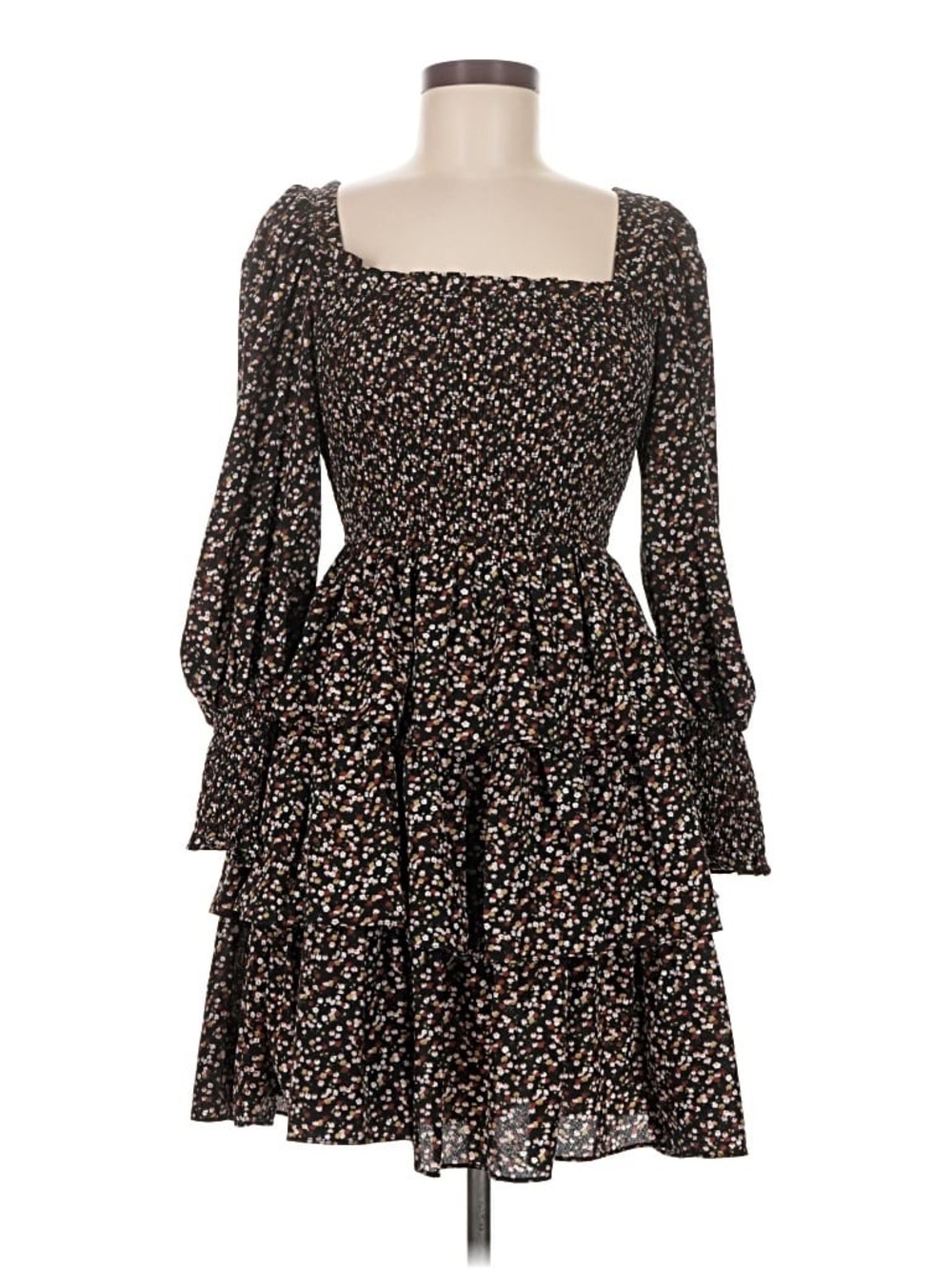 Black Ditsy Floral Square-Neck Tiered Mini Dress